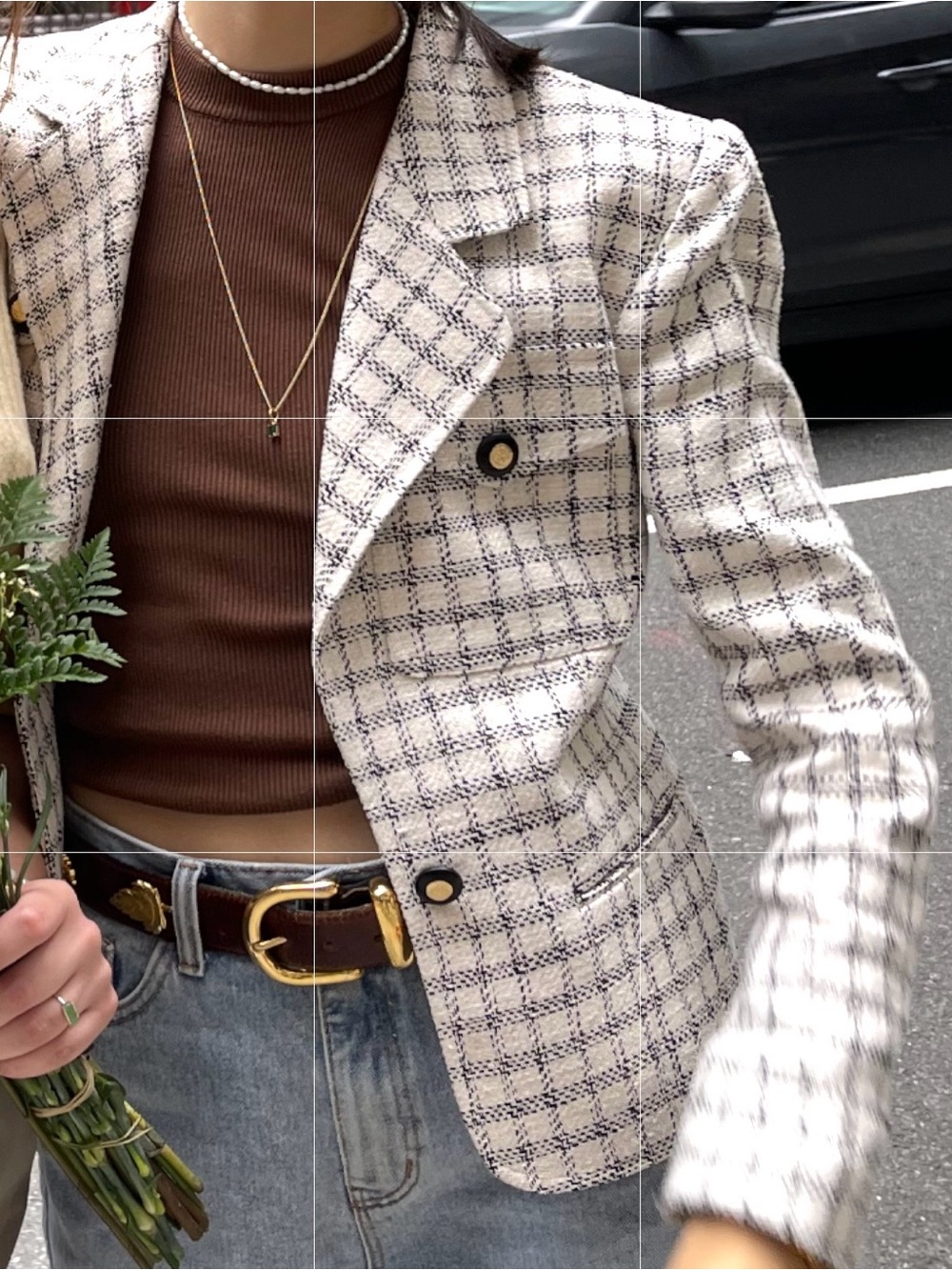Carlisle Cream and Black Checked 100% SILK Tweed Double-Breasted Blazer